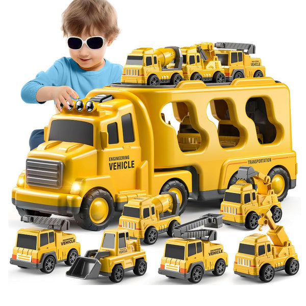 Kids LED Toy Cars Set Music Sound Truck Car with 6 Mini Cars Christmas Birthday Surprise Yellow