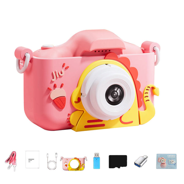 48MP Dual Lens Digital Camera for Kids Selfie Camera with Dinosaur Protective Cover and 32G TF Card Pink