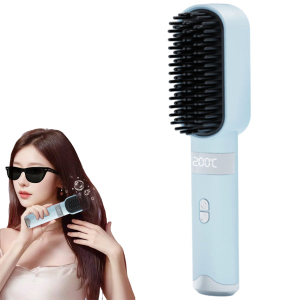 Cordless Hair Straightener Brush Portable Negative Ion Hair Straightening Comb Blue