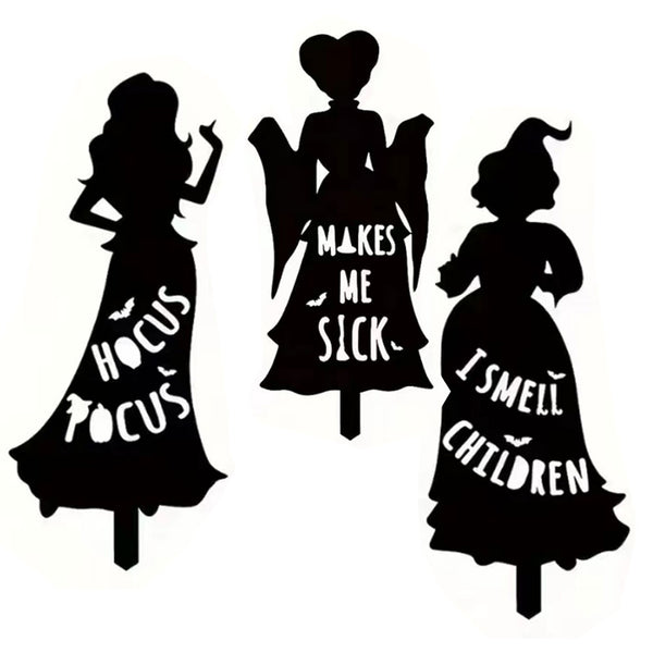 3Pcs Set Halloween Decorations Black Hocus Pocus Witches Signs with Stakes Outside Yard Lawn Decor