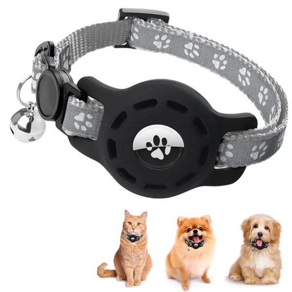 Reflective Pet Collar with Apple AirTag Holder for Cats Kittens Puppies Grey