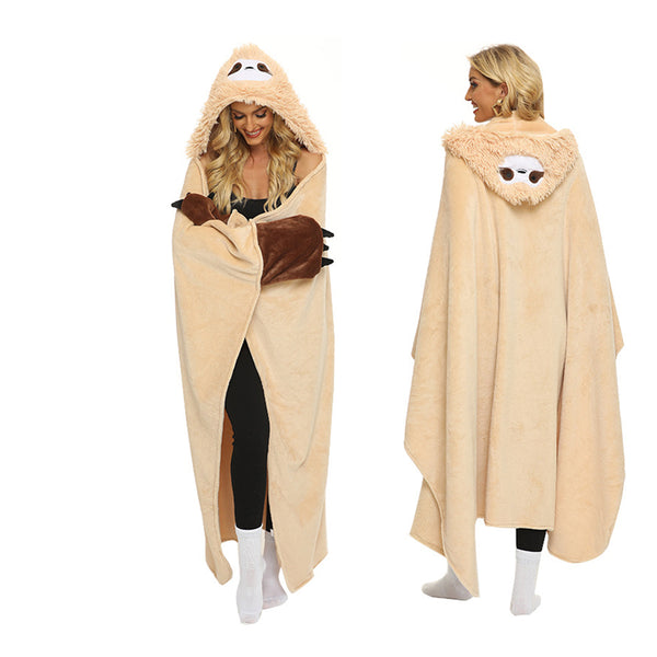 Wearable Animal Style Hooded Blanket Warm Cozy Plush Hoodie Throw Cloak Wrap for Adults Khaki