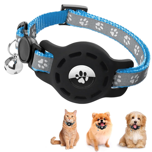 Reflective Pet Collar with Apple AirTag Holder for Cats Kittens Puppies Sky Blue