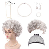 7Pcs Set Old Lady Costume Set Grandmother Wig Granny Glasses Necklace Granny Accessory for Cosplay Party Style 2