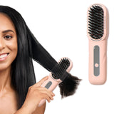 Cordless Hair Straightener Brush Portable Heated Straightening Comb Pink