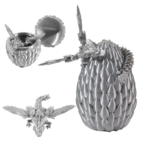 3D Printed Dragon Egg Decoration with Dragon Chinese Style Ornament Silver