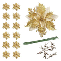 12 Pieces Set Christmas Glitter Flowers Decorations Xmas Faux Flowers Wedding Party Ornaments Golden