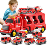 Kids LED Toy Cars Set Music Sound Truck Car with 6 Mini Cars Christmas Birthday Surprise Red