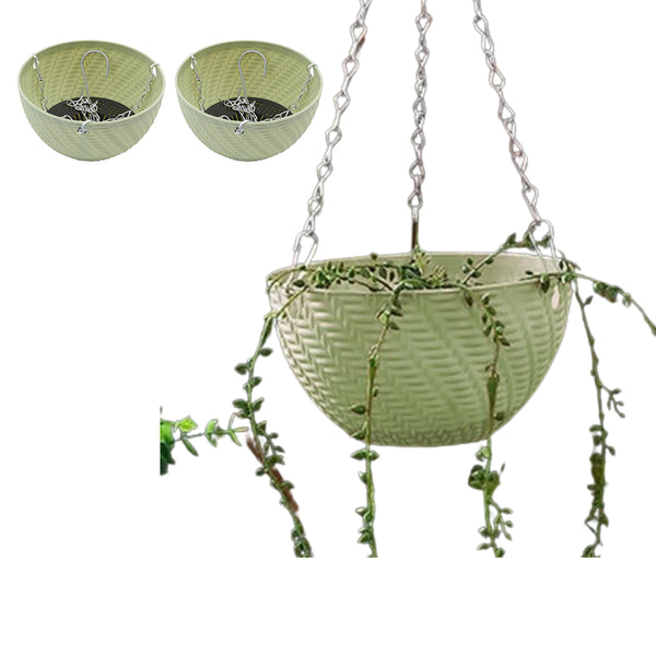 Set of 2Pcs Hanging Flower Pot Basket Garden Plant Hangers with Drainage Holes and Chain Green