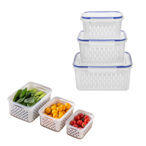 3Pcs Fridge Food Storage Container Set with Lids Plastic Fresh Food Saver with Strainer Blue