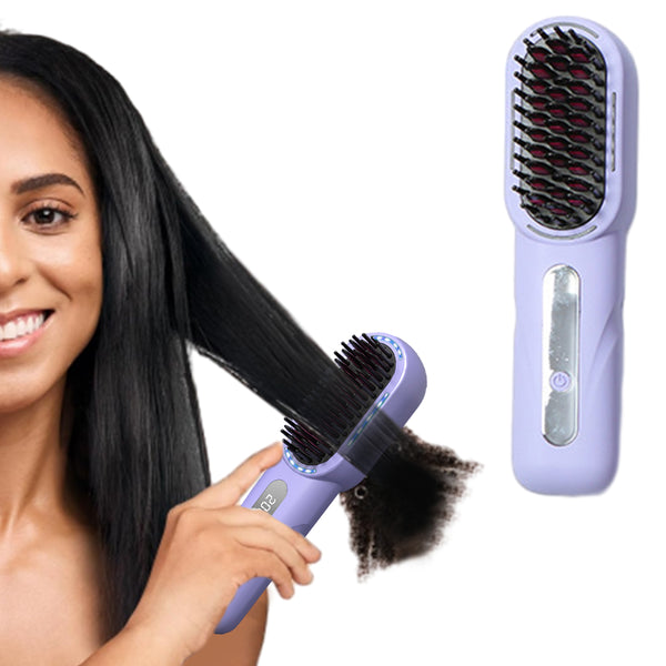 Cordless Hair Straightener Brush Portable Heated Straightening Comb Purple