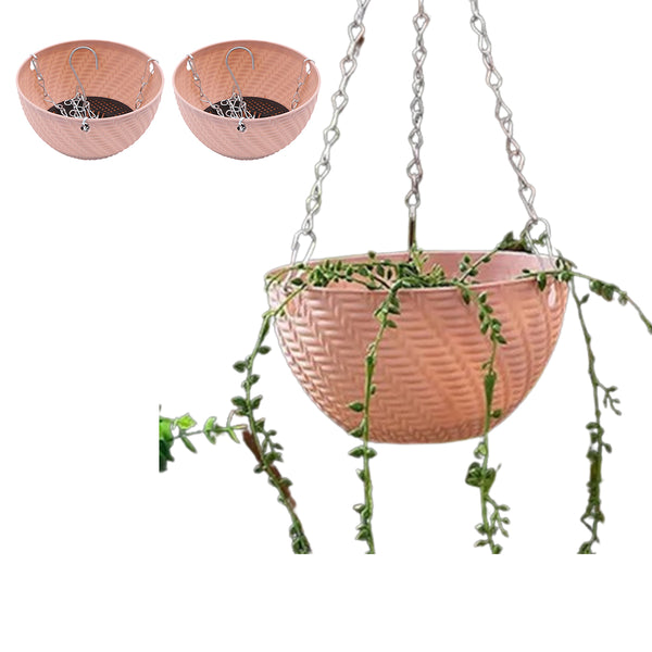 Set of 2Pcs Hanging Flower Pot Basket Garden Plant Hangers with Drainage Holes and Chain Pink