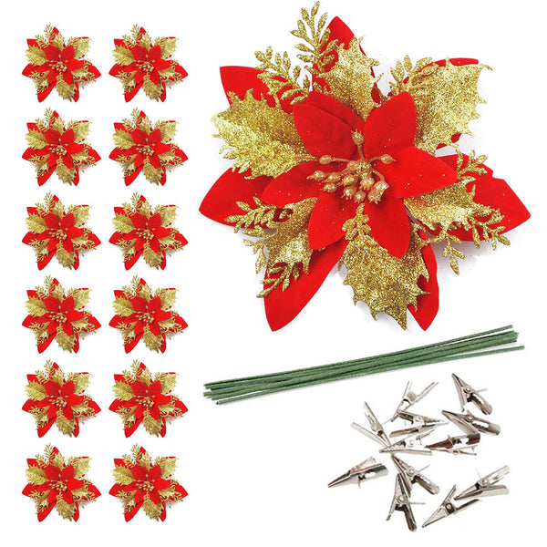 12 Pieces Set Christmas Glitter Flowers Decorations Xmas Faux Flowers Wedding Party Ornaments Mixcolor