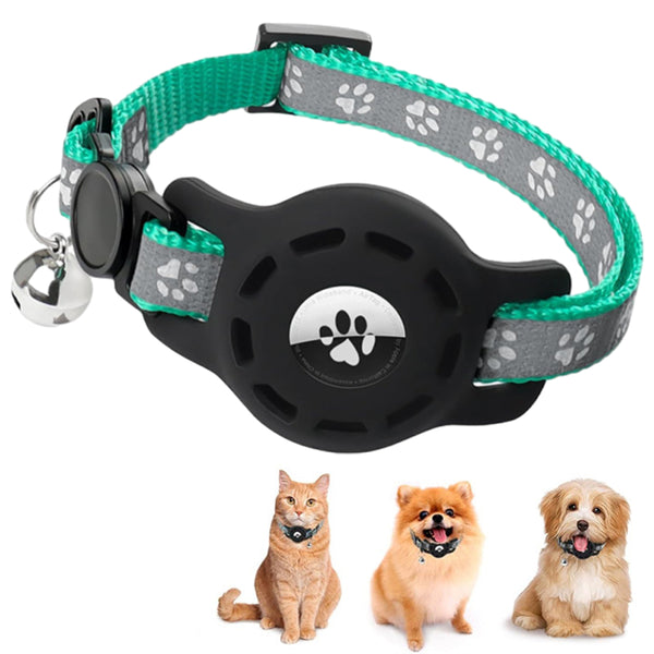 Reflective Pet Collar with Apple AirTag Holder for Cats Kittens Puppies Green