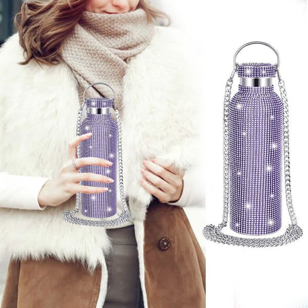 500ML Studded Bling Insulated Bottle Glitter Water Bottle Thermal Kettle Purple