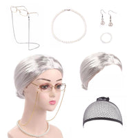 7Pcs Set Old Lady Costume Set Grandmother Wig Granny Glasses Necklace Granny Accessory for Cosplay Party Style 4