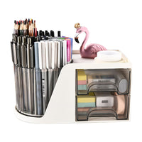 Rotating Desk Organizer with 2 Drawer Pen Holder Office Home Art Supplies