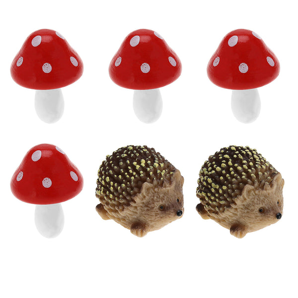 6Pcs Set Miniature Fairy Garden Decor Micro Resin Hedgehogs and Mushroom Sculpture Set