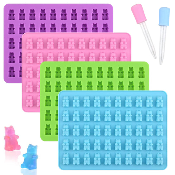 4Pcs Mini 50-Bears Silicone Mould Chocolate Fondant Gummy Animal Jelly Ice Cube Mold with 2 Droppers