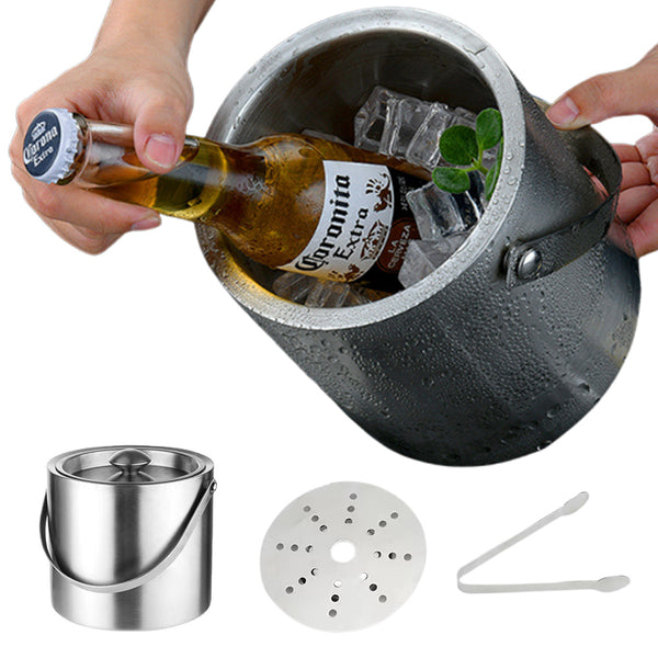 2L Ice Bucket Stainless Steel Insulated Chilling Wine Beer Cooler with Lid for Beach Picnics BBQ