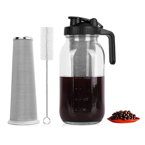 64 oz Cold Brew Coffee Glass Maker Wide Mouth Mason Jar Pitcher with Filter for Ice Coffee Tea Drink