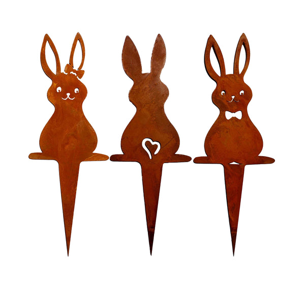 Set of 3Pcs Easter Bunny Garden Stake Decor Rusty Bunny Ornament Outdoor Yard Art Decoration