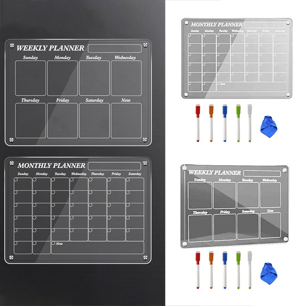 Set of 2Pcs Acrylic Magnetic Calendar for Fridge Clear Dry Erase Board Planner with 5 Colorful Markers Monthly and Weekly