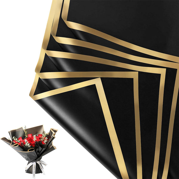 Set of 20 Sheets Flower Wrapping Paper Waterproof Floral Bouquet Packaging Paper for Wedding Birthday DIY Black Gold Edge