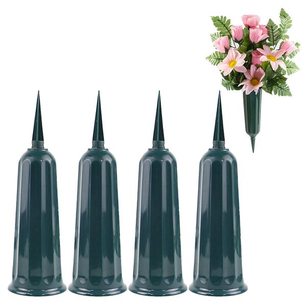 4Pcs Cemetery Memorial Vase with Spikes Grave Ground Stake Vase Resin Cones Flowers Holder for Grave Decoration Green