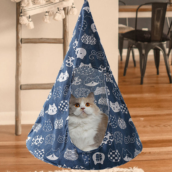 Pet Cat Tent Cone Hammock with Thick Mat Warm Cotton Cage Hanging Bed M-Blue Kitten Style