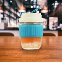 350ml Glass Straw Cups with Silicone Protective Sleeve Blue