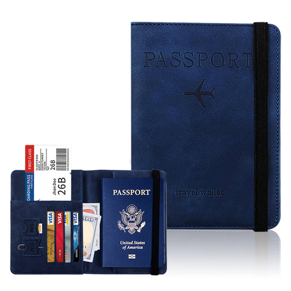 RFID Blocking Passport Holder for Travel Accessories Passport Purse Card Wallet-Dark Blue