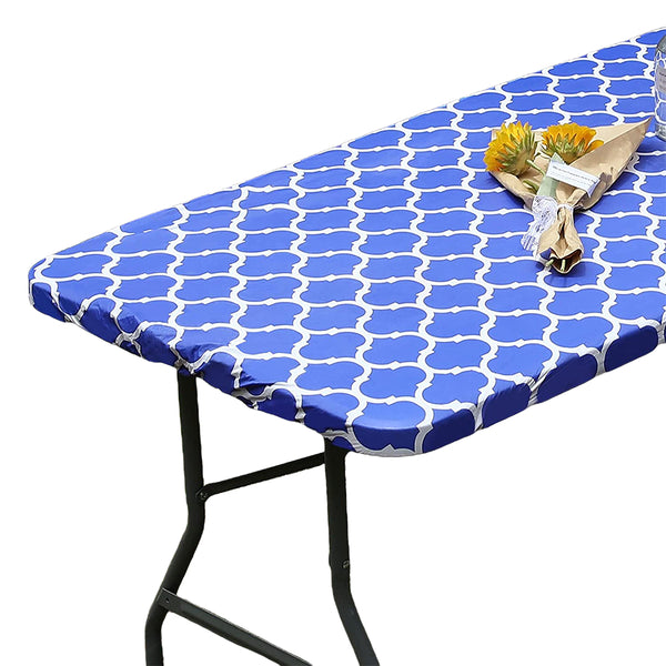 Moroccan Rectangular Fitted Table Cover Elastic Vinyl Tablecloth Blue-XL