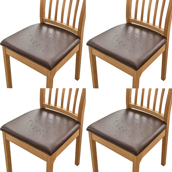 4Pcs Set PU Leather Stretch Chair Seat Cover Solid Waterproof Oilproof Dining Chair Slipcover Protector-Coffee