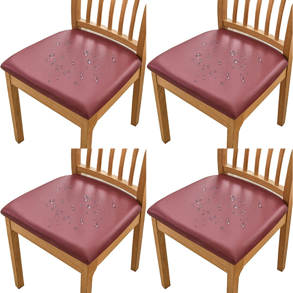 4Pcs Set PU Leather Stretch Chair Seat Cover Solid Waterproof Oilproof Dining Chair Slipcover Protector-Wine Red