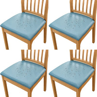 4Pcs Set PU Leather Stretch Chair Seat Cover Solid Waterproof Oilproof Dining Chair Slipcover Protector-Blue