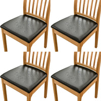 4Pcs Set PU Leather Stretch Chair Seat Cover Solid Waterproof Oilproof Dining Chair Slipcover Protector-Black