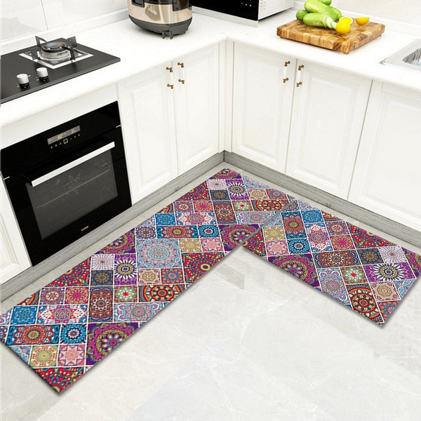 2Pcs Bohemian Kitchen Non-Slip Floor Mat Door Carpet Rugs Set-Style1