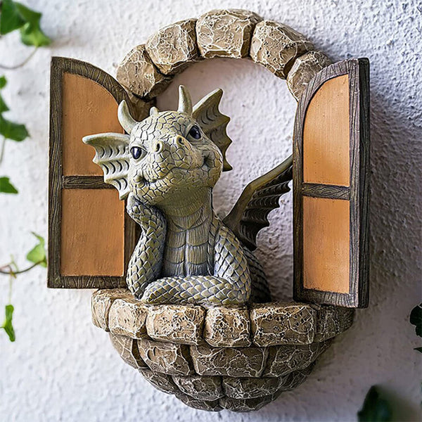 Courtyard Dinosaur Gate Statue Garden Dinosaur Meditating Sculpture-Open Window Style