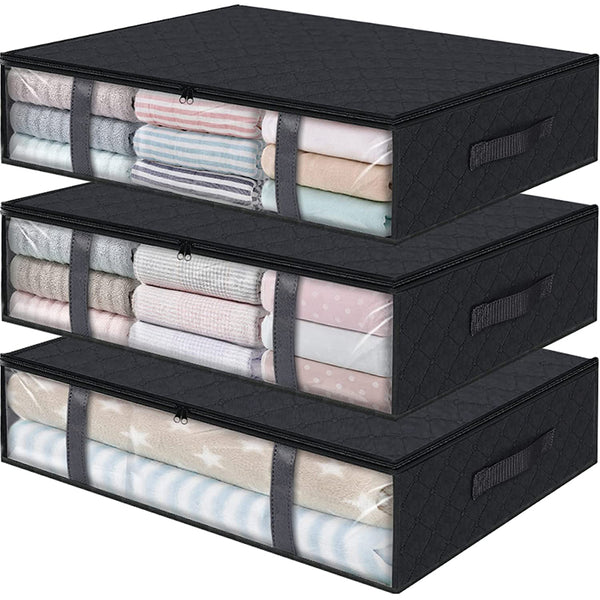 Set of 3Pack Under Bed Storage Bins Foldable Clothes Storage Bags with Reinforced Handle Black