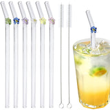 Set of 6Pcs Reusable Drinking Glass Straws with Flower Decor and 2Pcs Cleaning Brushes