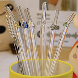 Set of 6Pcs Reusable Drinking Glass Straws with Flower Decor and 2Pcs Cleaning Brushes