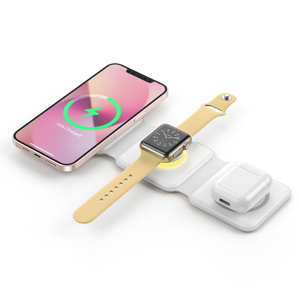 3 in 1 Foldable Magnetic Qi Wireless Charger with Night Light Fast Charging Dock Station for iPhone Apple Watch Airpods White