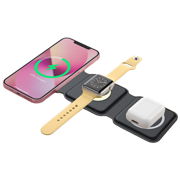 3 in 1 Foldable Magnetic Qi Wireless Charger with Night Light Fast Charging Dock Station for iPhone Apple Watch Airpods Black