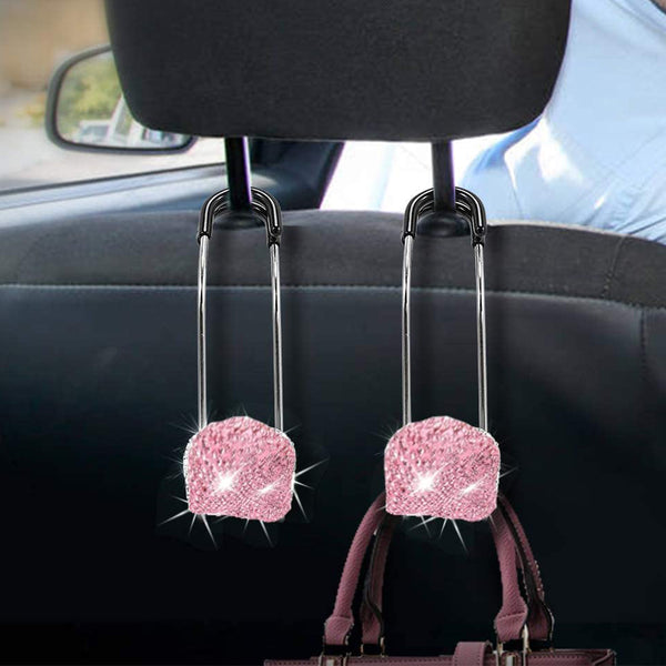 Pair of Bling Car Seat Headrest Hangers Hooks Car Purse Bag Storage Hooks Holder -Pink