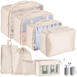 8Pcs Set Packing Pouch Suitcase Clothes Storage Bags Travel Luggage Organizer and Toothbrush Cup-Beige