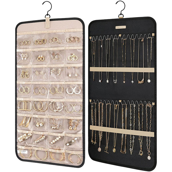 Double-Sided Hanging Jewelry Display Organizer Storage Roll with Hook-S-Black