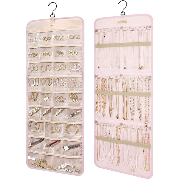 Double-Sided Hanging Jewelry Display Organizer Storage Roll with Hook-L-Pink