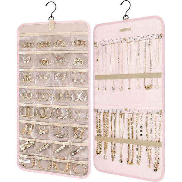 Double-Sided Hanging Jewelry Display Organizer Storage Roll with Hook-S-Pink