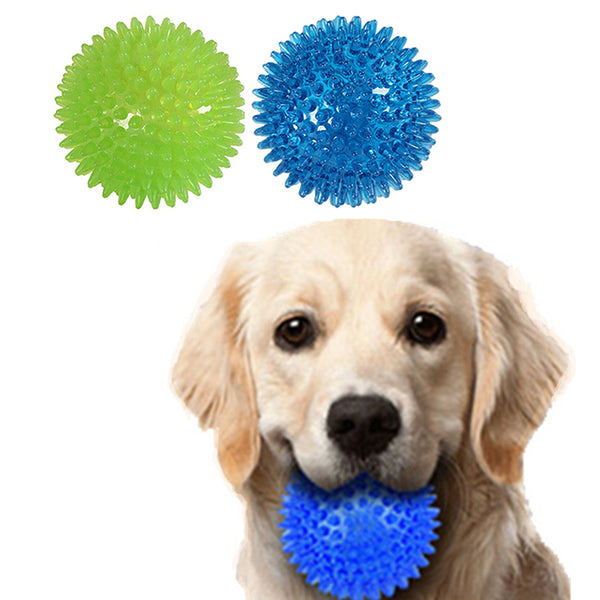 Set of 2 Pcs Pet Dog Squeaky Toys Spiky Dog Balls Cleaning Teeth Chewing Toys -Blue and Green
